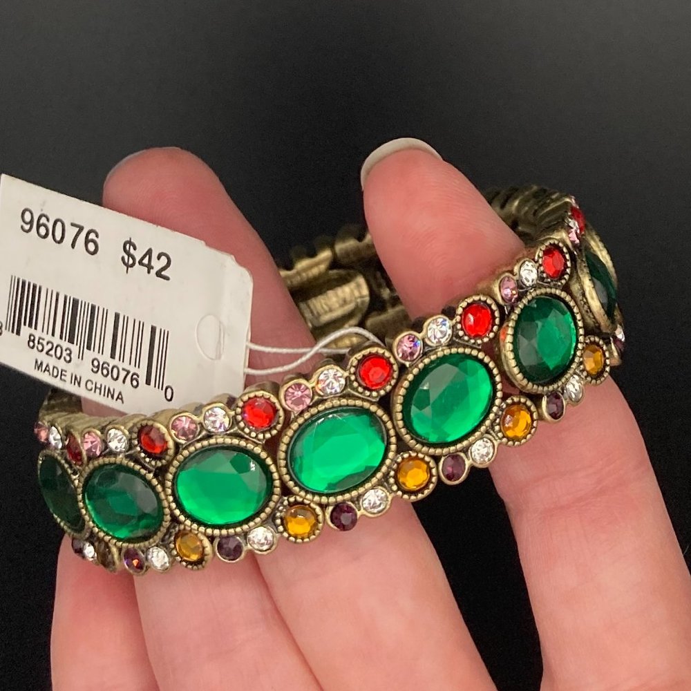 Vivi Green and Red Faux Gems in Gold Tone Stretch Bracelet NWT